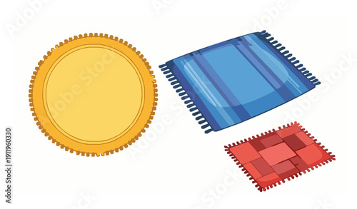 Cartoon wool carpets and rugs vector set with colorful mats, bath rugs, and textile decorations for home and interior design