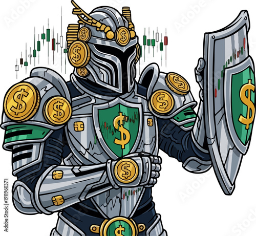 Metallic Financial Armor Knight Protecting Wealth with Stock Market Shield