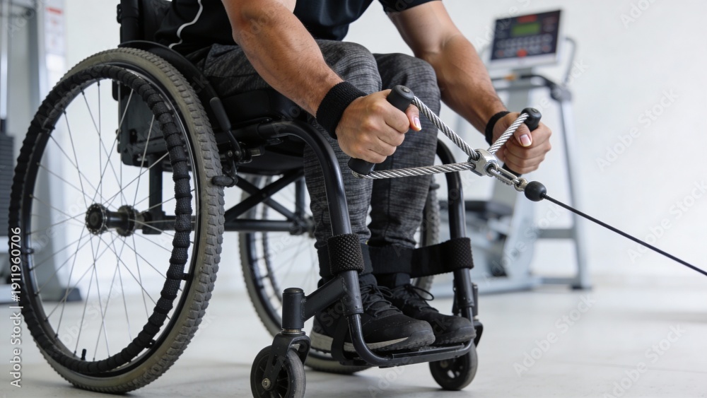 Naklejka premium Disabled man uses gym equipment for strength training in a fitness center during the day to improve health and fitness