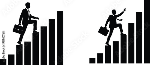 Two businessmen climbing up bar graphs symbolizing growth and success in business and finance with briefcases in hand