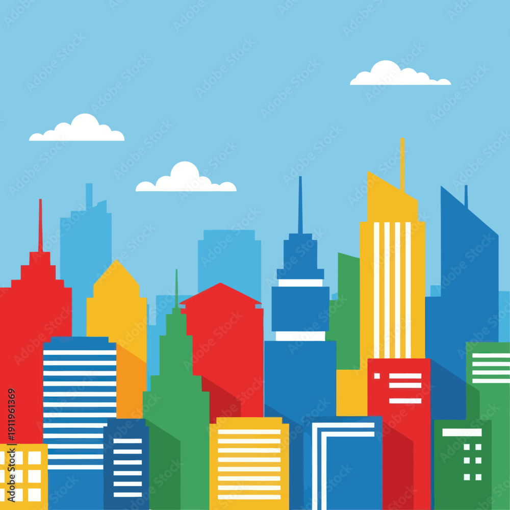Obraz premium Vibrant Cityscape with Colorful Skyscrapers and Modern Architecture.
