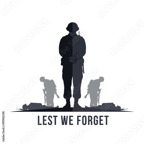 Solemn Military Remembrance Graphic: Standing and Fallen Soldier Silhouettes Tribute