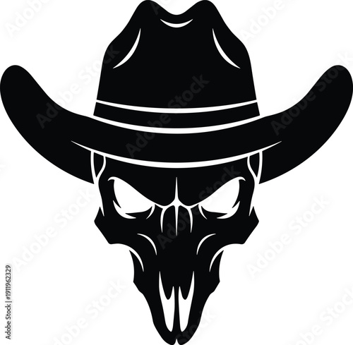“Stylized silhouette illustration of skull wearing cowboy hat symbolizing Western toughness, rebellion, gothic aesthetic, and rugged persona”