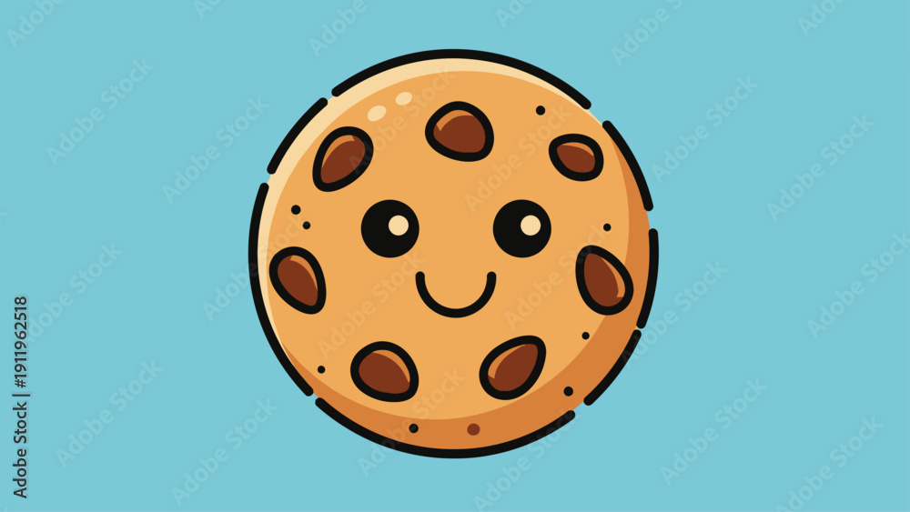 Fototapeta premium A friendly cartoon chocolate chip cookie smiles happily on a blue background.