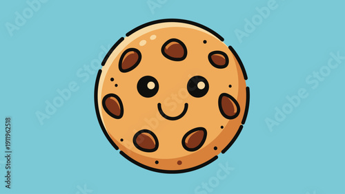 A friendly cartoon chocolate chip cookie smiles happily on a blue background.