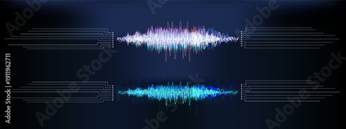 Sound wave patterns shown in blue and purple colors on dark background during sound analysis session in laboratory setting