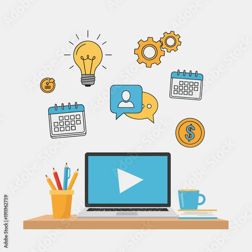 Creative workspace with laptop and productivity icons.