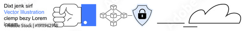 Cloud storage, digital security, blockchain, data transfer, connectivity, and technology concepts. Minimalist icons showing a shield, cloud hand and blockchain network. Cloud storage and security