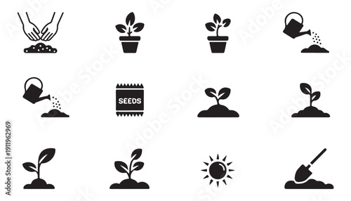 Planting process icons featuring hands seeds watering sprout pot and shovel minimalist vector style