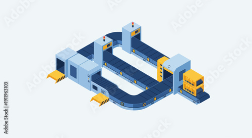 Automated factory production line with conveyor belts and robotic arms.