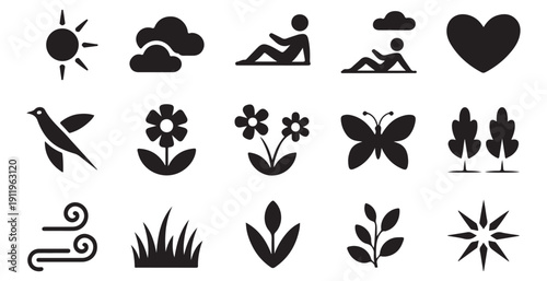 Set of nature icons vector illustration, natural elements and seasonal weather conditions