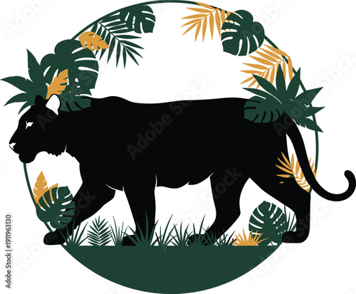 “Silhouette of jungle panther walking within tropical leaf circular frame symbolizing wildlife, nature, conservation, and exotic environment”