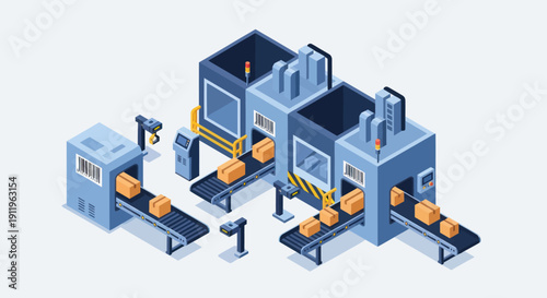 Automated factory production line with conveyor belts and machinery.