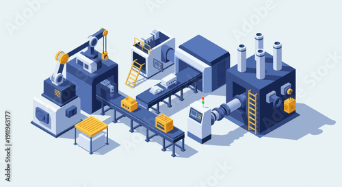 Automated factory production line with robotic arms and conveyor belts.