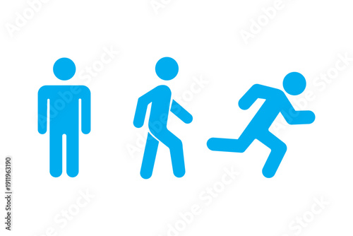 Man stands, walk and run icon set. People symbol. Person standing, walking and running illustration. Run, walk, stand. Vector illustration