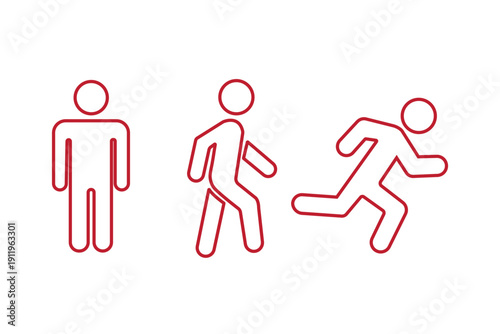 Man stands, walk and run icon set. People symbol. Person standing, walking and running illustration. Run, walk, stand. Vector illustration