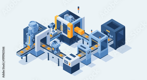 Automated factory production line with robotic arms and conveyor belts.