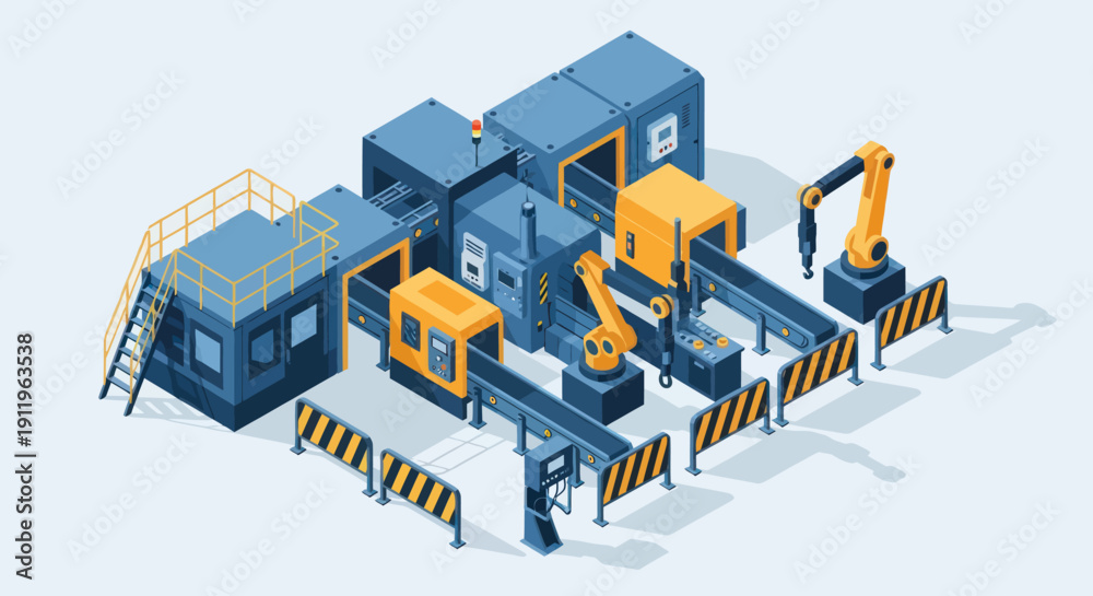 Fototapeta premium Automated Industrial Manufacturing Production Line With Robotic Arms.