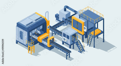 Automated Industrial Manufacturing Production Line with Robotic Arm.