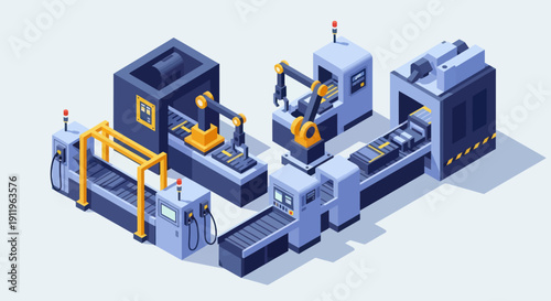 Automated Industrial Manufacturing Production Line with Robotic Arms.