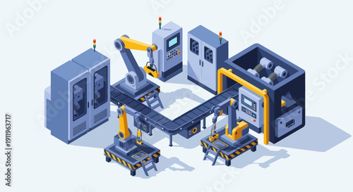 Automated Industrial Production Line with Robotic Arms and Conveyor Belt System.