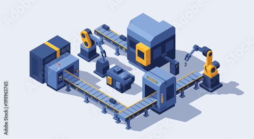 Automated Industrial Production Line with Robotic Arms and Conveyor Belts.