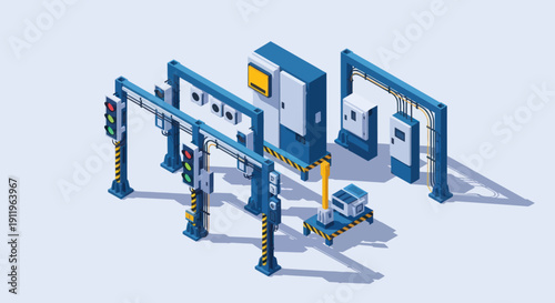 Automated Manufacturing Assembly Line with Robotic Arms and Conveyor System.