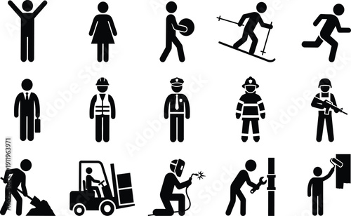 Black silhouette set of people in different professions and activities including welder, soldier, firefighter, business person, construction worker, athlete, and manual labor icons