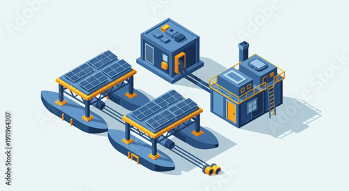 Floating Solar Power Plant with Industrial Buildings.
