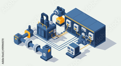 Industrial automation system with control panel and machinery.