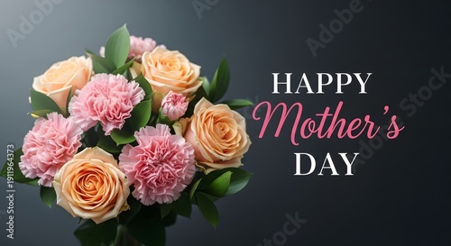 Happy mother's day wishes with beautiful pink roses and carnations bouquet