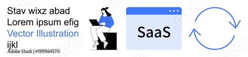 Software innovation, productivity tools, SaaS platforms, digital transformation, cloud applications, user interfaces. Woman with a laptop, SaaS window circular arrows. SaaS platforms