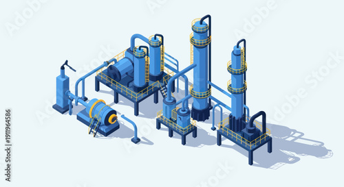 Industrial Chemical Plant Equipment with Blue Pipes and Towers.