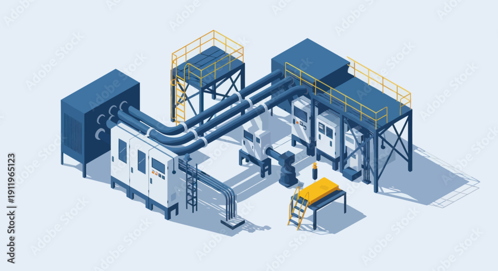 Obraz premium Industrial factory complex with automated machinery and robotic arms.