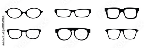 Black Eyeglasses Frame Set Collection – Various Stylish Optical Glasses Shapes Isolated on White Background, Vector Illustration for Vision, Fashion and Eyewear Design.