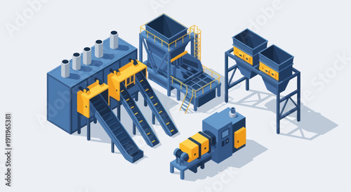 Industrial factory machinery and conveyor belt system isometric view.