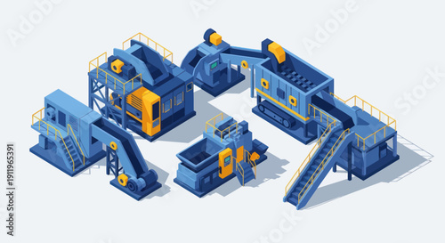 Industrial factory machinery with conveyor belts and processing units.