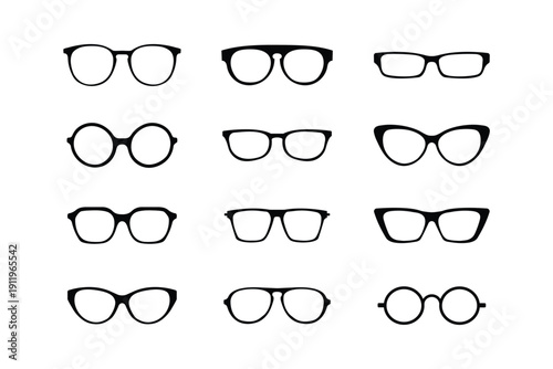 Eyeglasses Frame Icon Set  Optical Glasses, Spectacles and Eyewear Silhouette Vector Collection for Vision, Fashion and Optometry Design .eps10