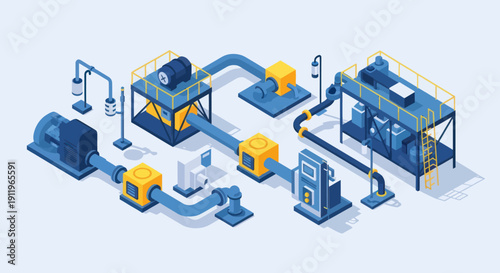 Industrial factory production line with machinery and pipes.