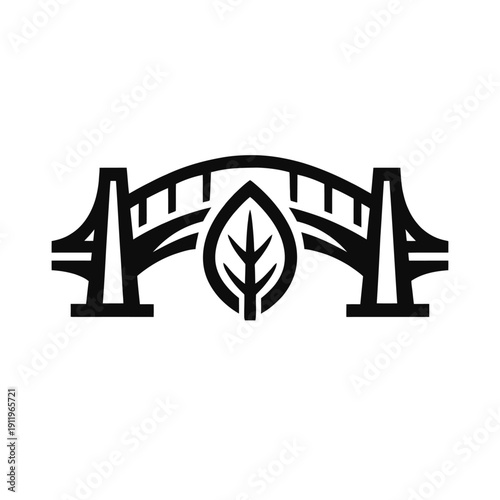 Minimalist black and white logo: an arched bridge centered by a stylized leaf. Symbolizes sustainable infrastructure, green connectivity, environmental harmony, eco-friendly development, nature integr