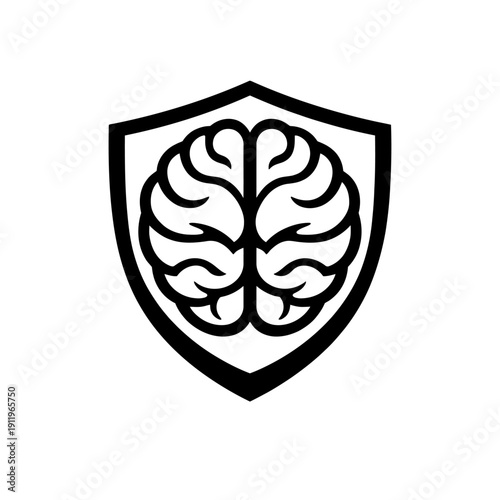 Modern black and white logo showing a brain inside a shield, symbolizing intelligent security, cognitive defense, data protection, AI safeguarding, cybersecurity, intellectual property safety, smart p