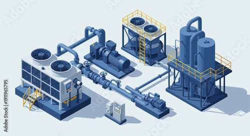Industrial HVAC and Cooling Systems Isometric Illustration.