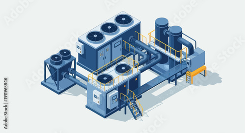 Industrial HVAC system with cooling towers and fans.
