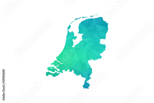Netherlands Map - Polygon Style Vector Illustration in Green and Blue Gradient, Low Poly Geometric Design, Isolated on White Background, Perfect for Infographics and Learning Use.