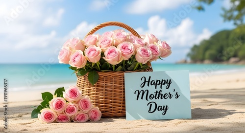 Happy mother's day beach scene with pink roses and card