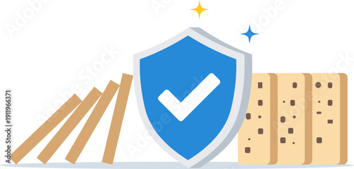Risk Protection Shield Blocking Falling Domino Effect – Business Insurance Concept
