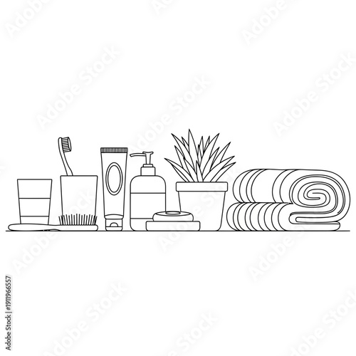 A variety of bathroom items neatly arranged on a shelf.