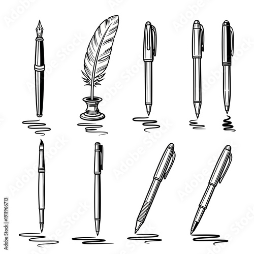 A variety of writing instruments including pens and a quill.