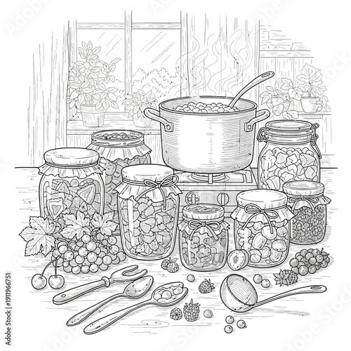 A detailed sketch of a cluttered kitchen with various utensils and appliances