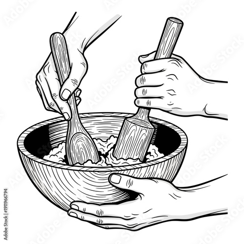 A detailed illustration of a person preparing food in a bowl with various utensils.